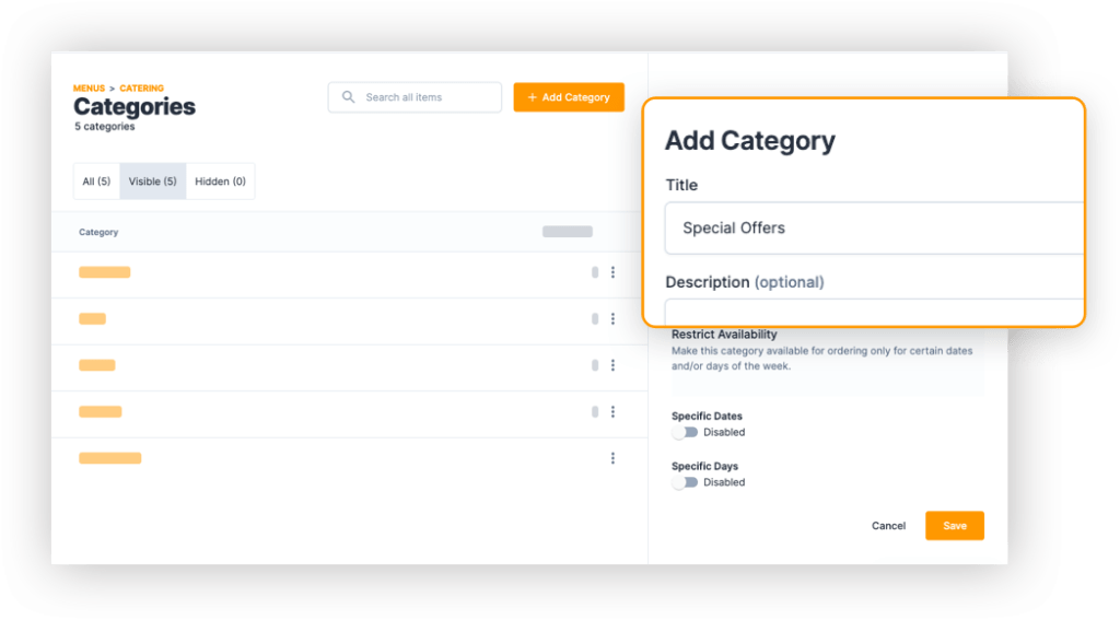 HoneyCart catering order automation software - Manage Menu Categories