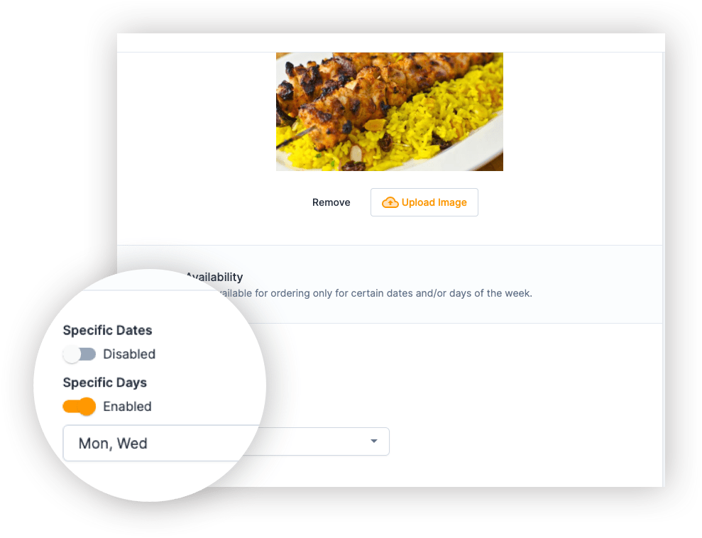 Set special dates or days of the week that your menu item is available for ordering - HoneyCart catering order automation software.