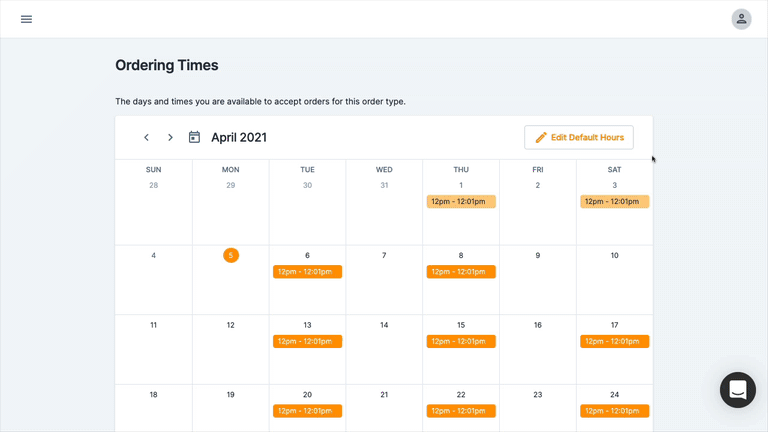 Customize when orders are available for delivery/pickup by setting the days of the week and hours you’re available.