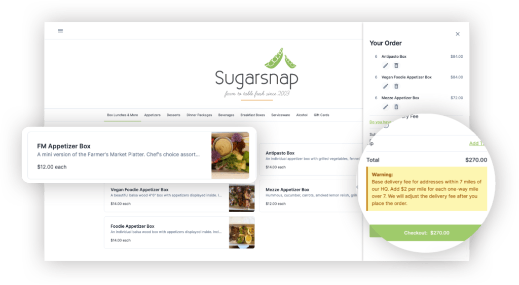 Manage your catering menus and customize delivery fees based on zip code - HoneyCart catering order automation software