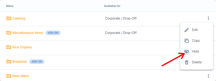 How to hide/unhide menu in HoneyCart