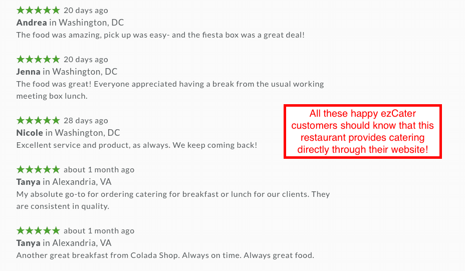 Find contact info for previous customers from ezCater reviews
