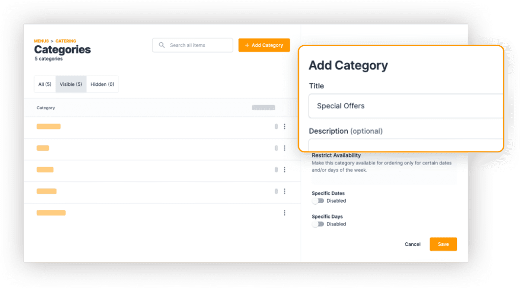 HoneyCart catering order automation software - Manage Menu Categories