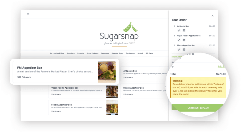Manage your catering menus and customize delivery fees based on zip code - HoneyCart catering order automation software