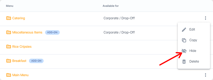 How to hide/unhide menu in HoneyCart